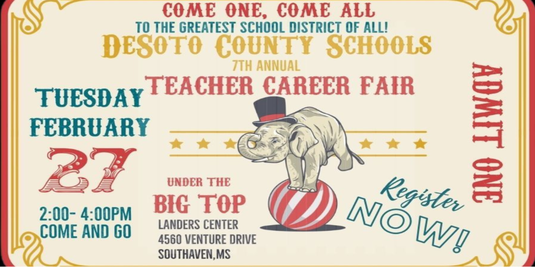 Come one, come all to the greatest school district of all! DeSoto County Schools 7th Annual Teacher Career Fair - Tuesday, February 27th from 2-4 pm (come and go) @ the Landers Center in Southaven, MS. REGISTER NOW!