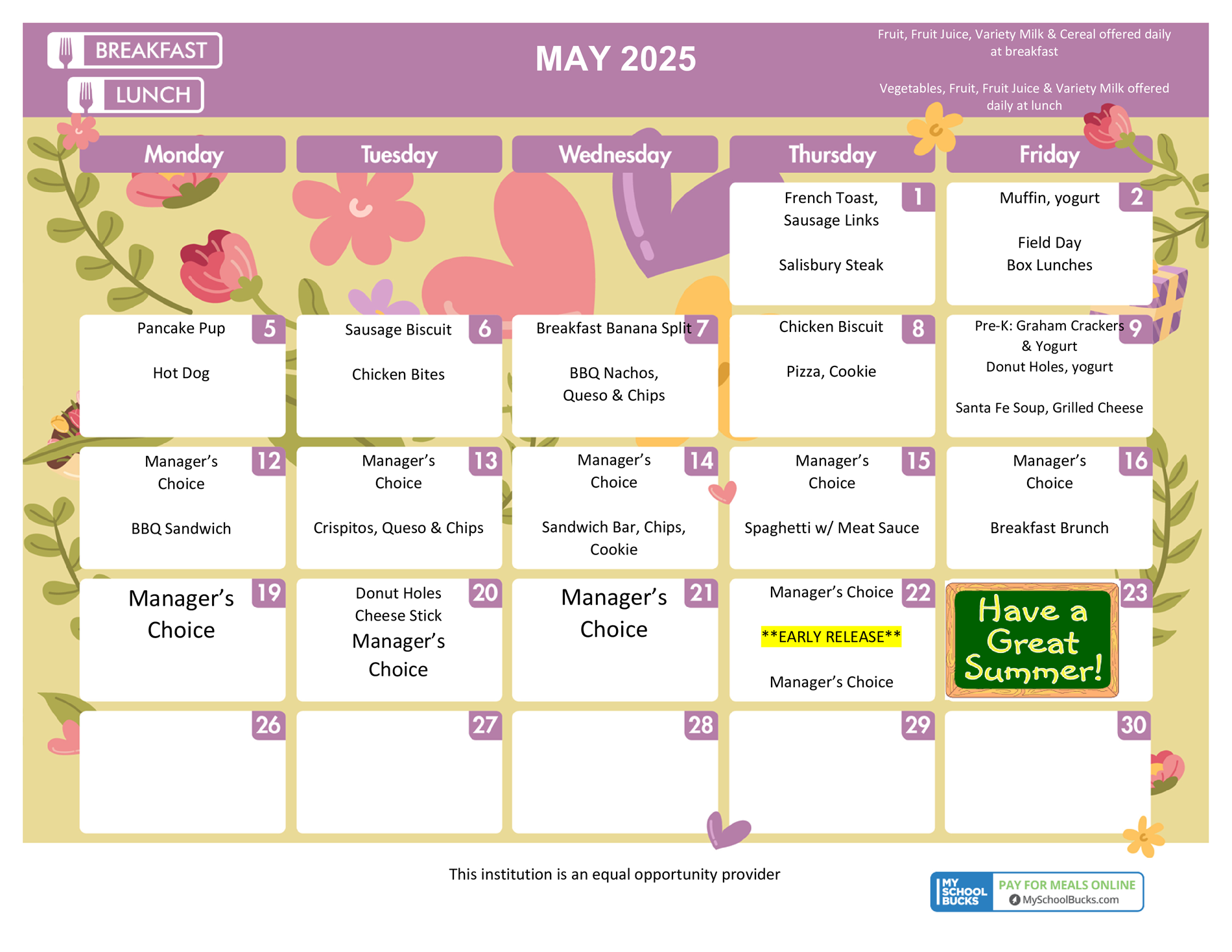 May Lunch Menu May Lunch Menu