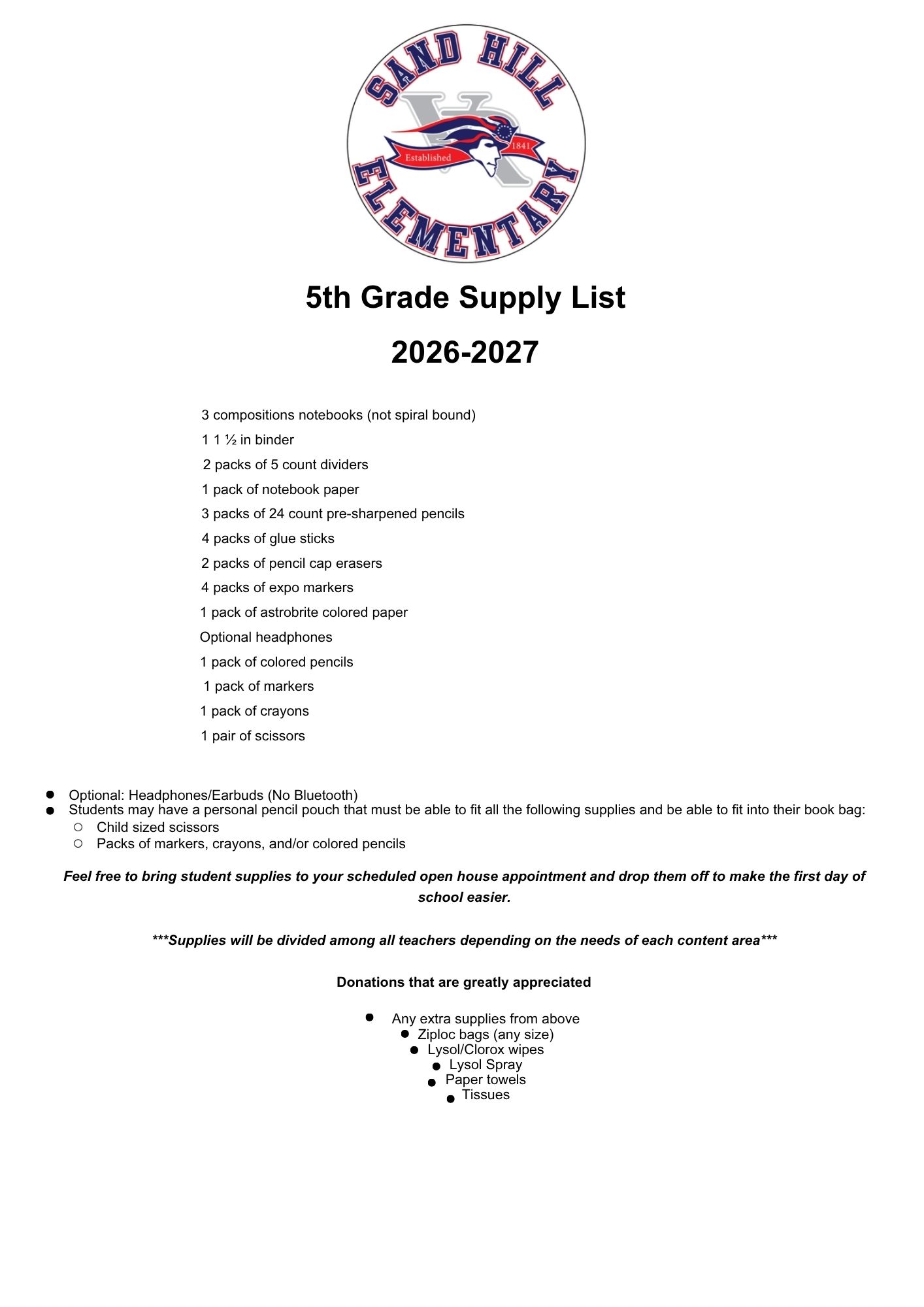 Fifth Grade Supply List 2026 - 2027