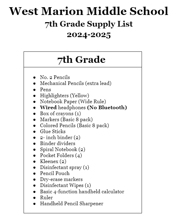 7th grade supply list
