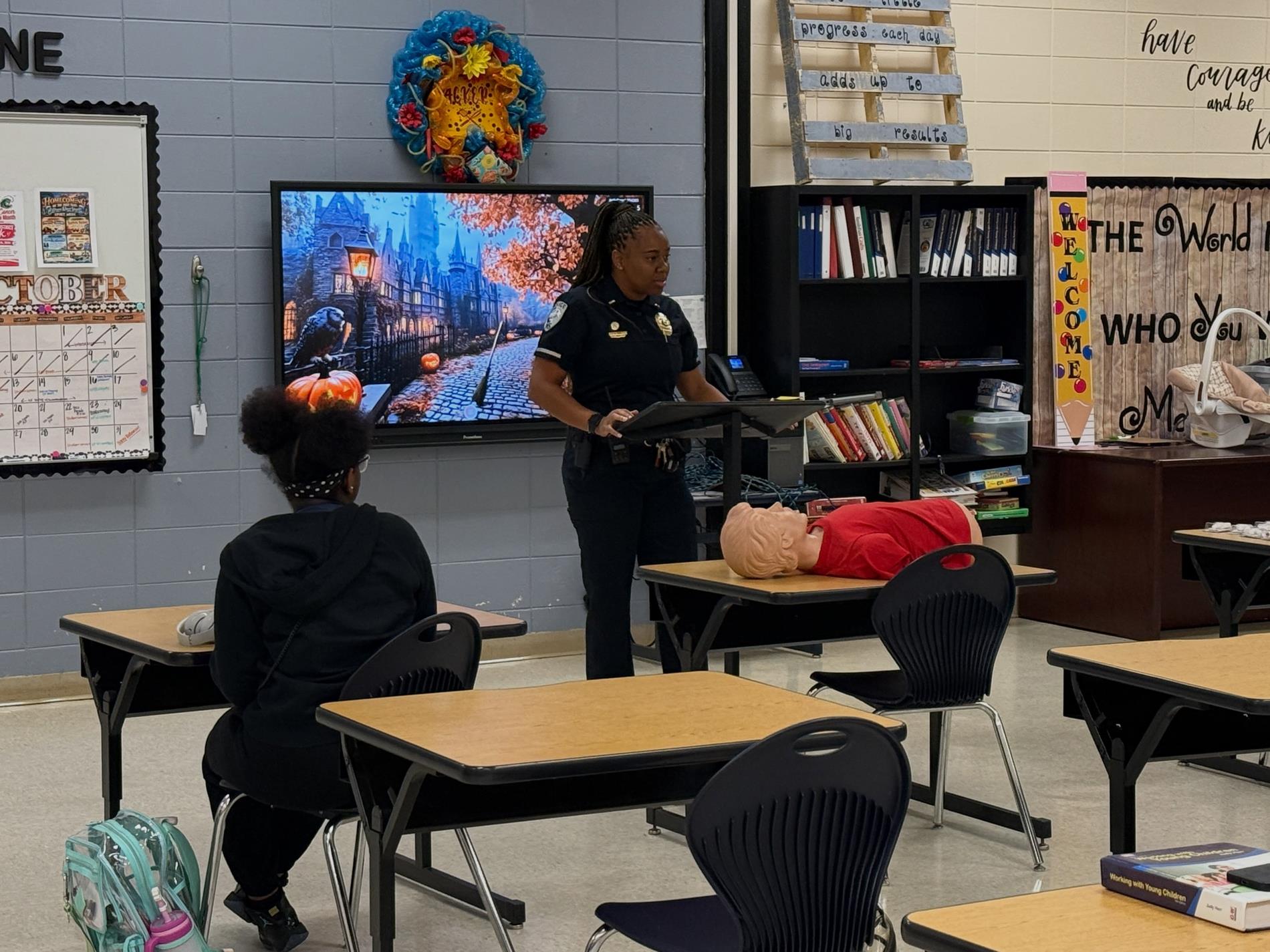 Officer Doss presents information about Narcan to WPCTC students during a classroom lesson on emergency overdose response.