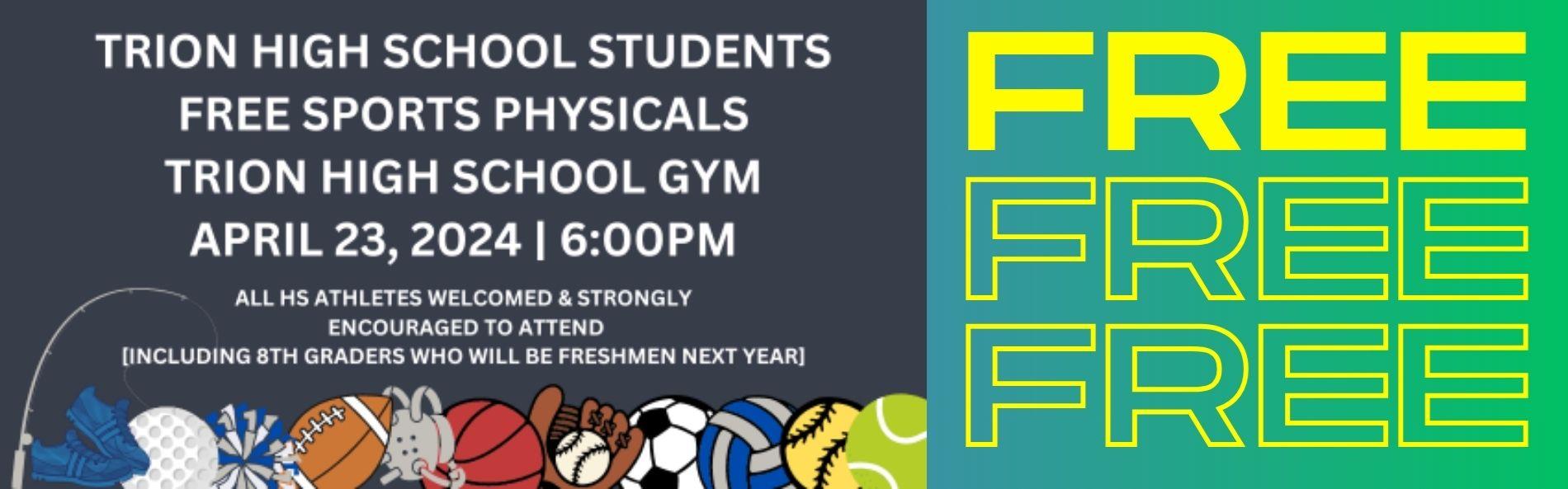 RISING 9TH GRADERS - CURRENT JUNIORS: COME APRIL 23RD AT 6PM TO THE THS GYM FOR YOUR FREE SPORTS PHYSICAL