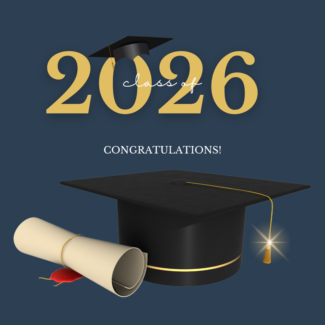A graduation celebration graphic on a dark blue background. At the top, the year "2026" is written in a large, gold serif font, with a small black graduation cap tilted on top of the first "0" and the cursive words "class of" written across the center of the numbers in white. Below this, the word "CONGRATULATIONS!" appears in a clean, white, uppercase serif font. The lower half features a large, realistic 3D black graduation cap with a gold band and a gold tassel that has a bright lens flare effect at its base. To the left of the cap sits a rolled-up cream-colored diploma scroll tied with a gold string and sealed with a red wax stamp.