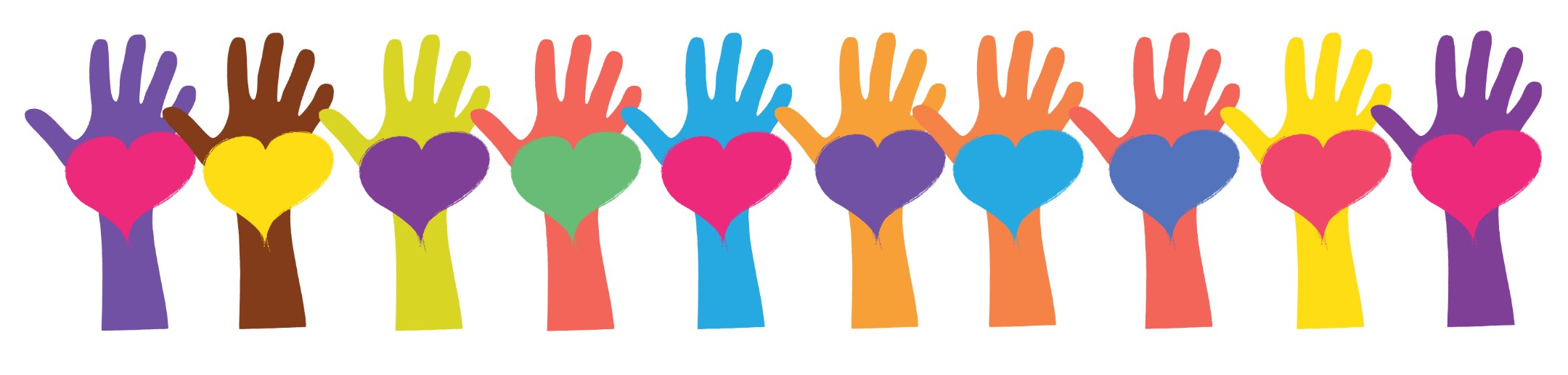 Colored hands raised holding hearts Colored hands raised holding hearts