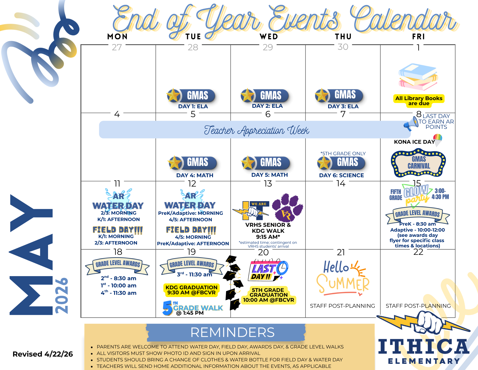end of the year calendar of events: this may calendar contains all the dates and events happening around the school throughout the month of may
