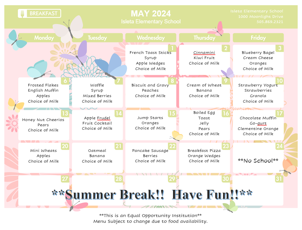 calendar showing breakfast schedule for may