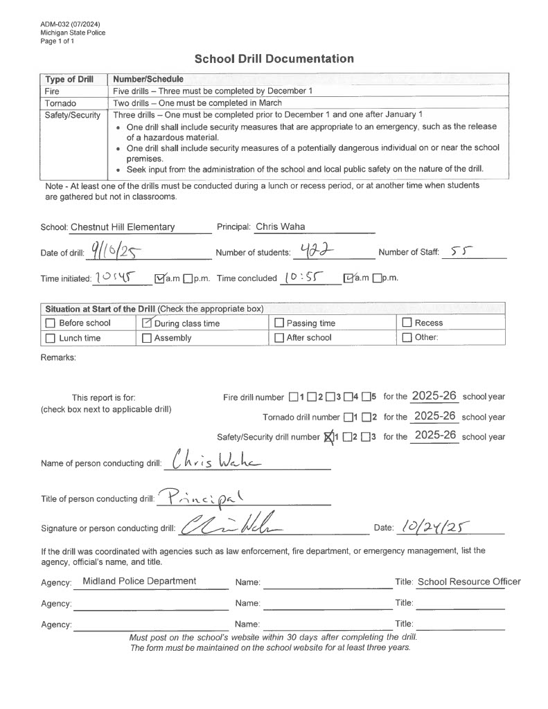 Form for Chesnut Hill Elementary's first safety drill of 2025-2026
