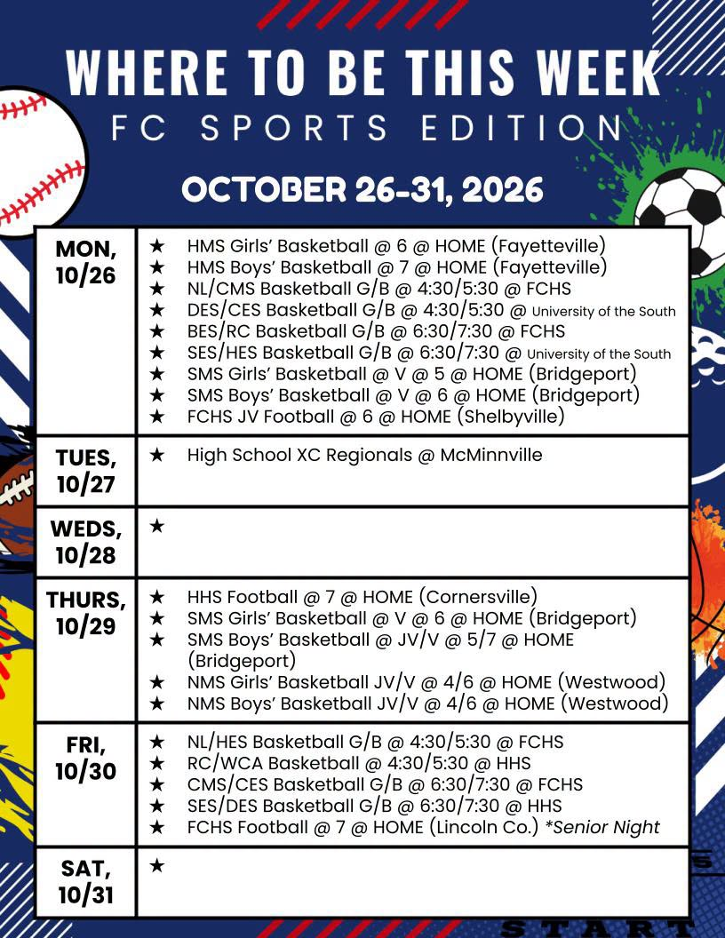 sports schedule for the week of 10/26-10/31