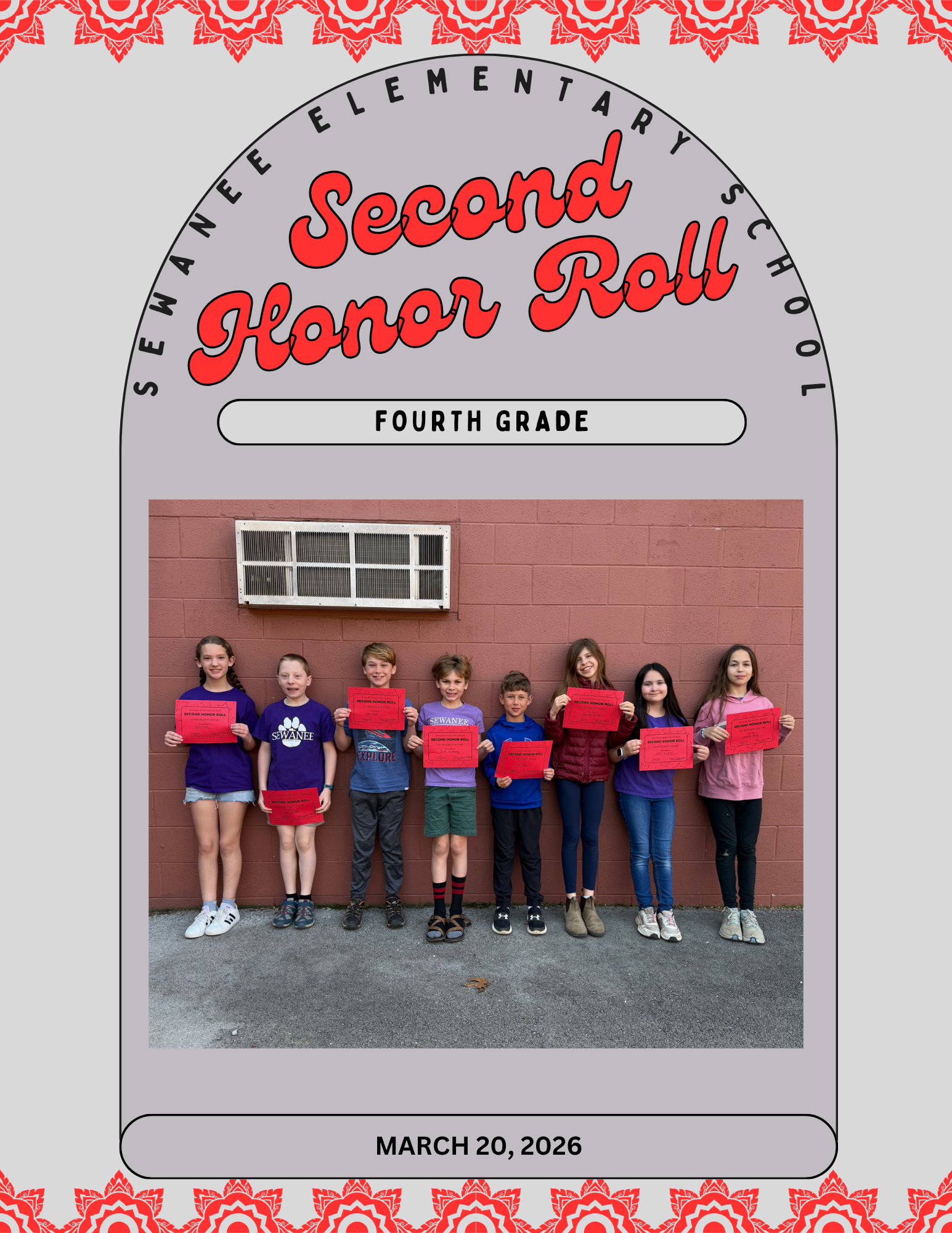 Sewanee Elementary School 4th Grade Second Honor Roll - March 20, 2026
