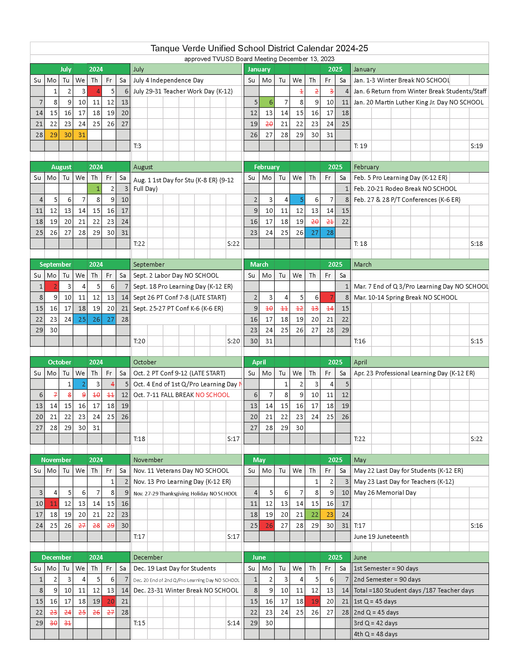 2024-25 TVUSD School Year Calendar