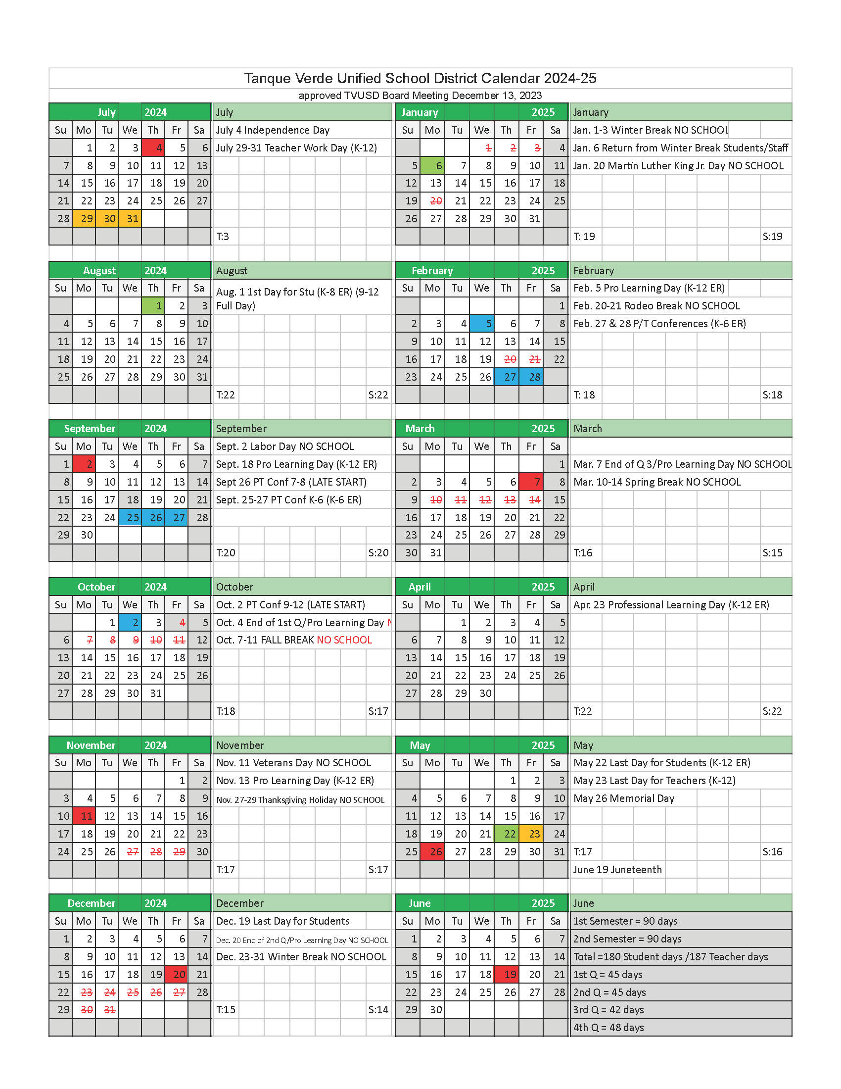 School Year Calendar - Tanque Verde Unified School District