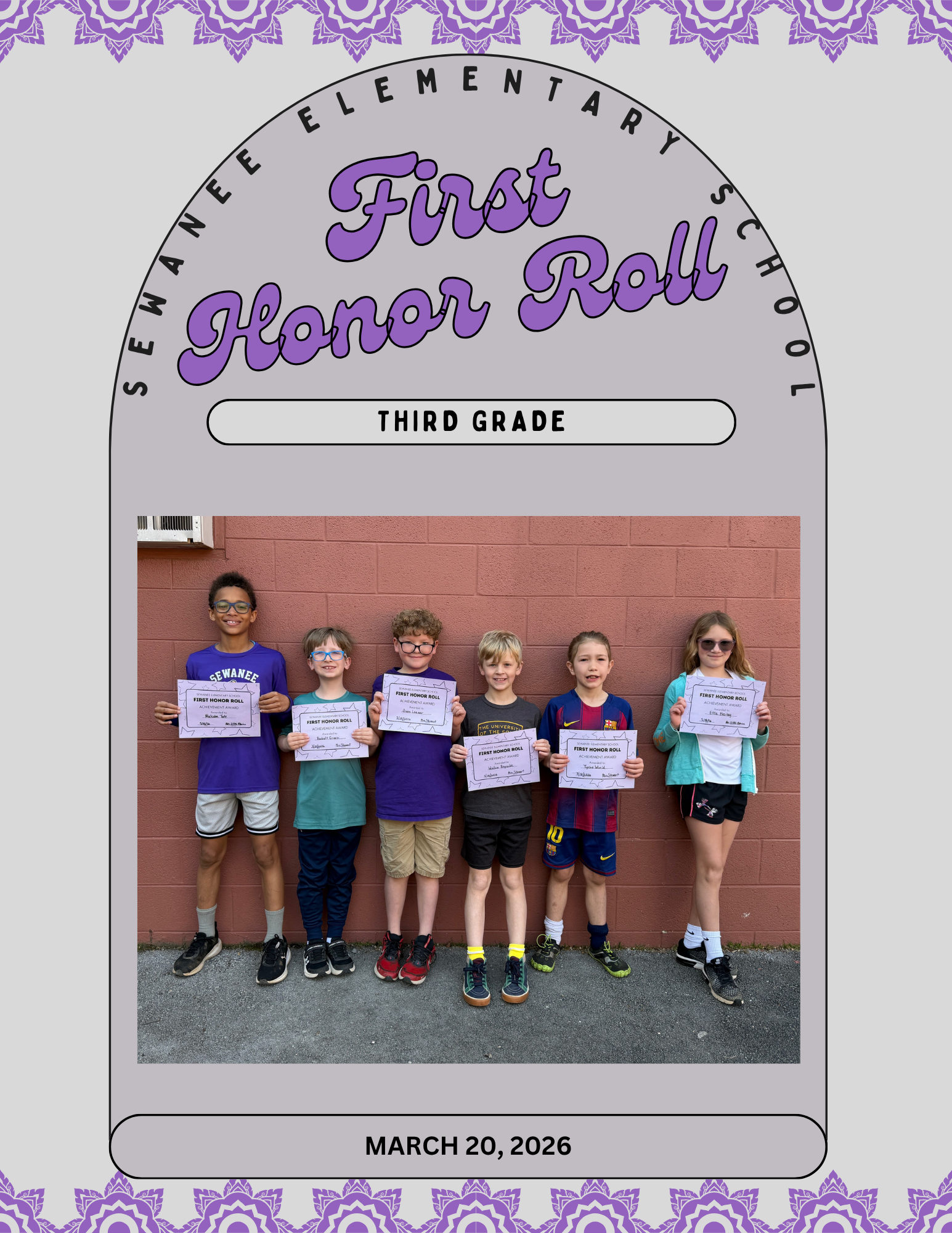 Sewanee Elementary School 3rd Grade First Honor Roll - March 20, 2026