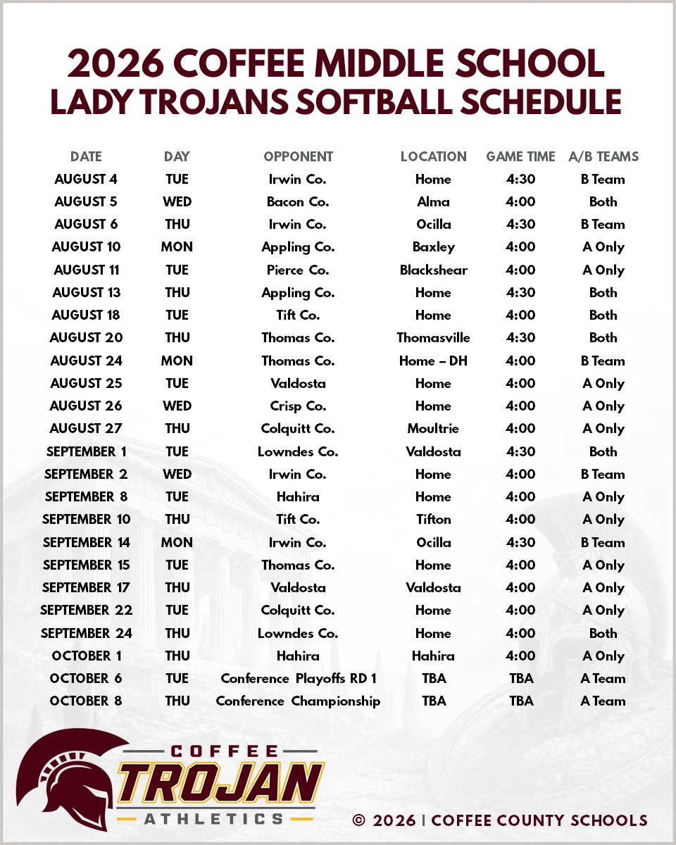 2026 Coffee Middle School Softball Schedule