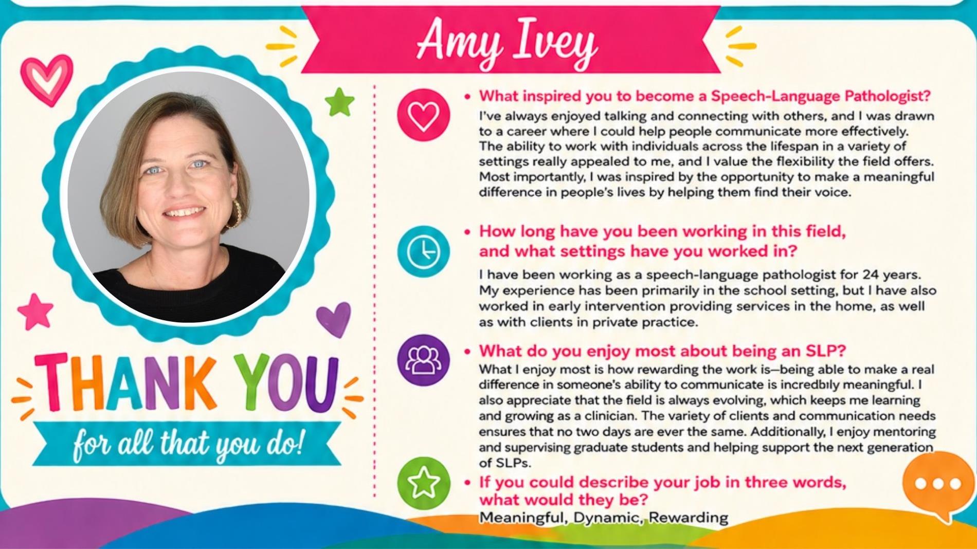 A colorful “Better Speech and Hearing Month” appreciation poster featuring a circular headshot of a smiling woman with short light brown hair labeled “Amy Ivey.” The design includes bright icons (hearts, stars, speech bubbles) and a large “Thank You for all that you do!” message. On the right, text sections answer questions about her inspiration to become a speech-language pathologist, her 24 years of experience in school and early intervention settings, what she enjoys most about the profession, and three words describing her job: “Meaningful, Dynamic, Rewarding.”
