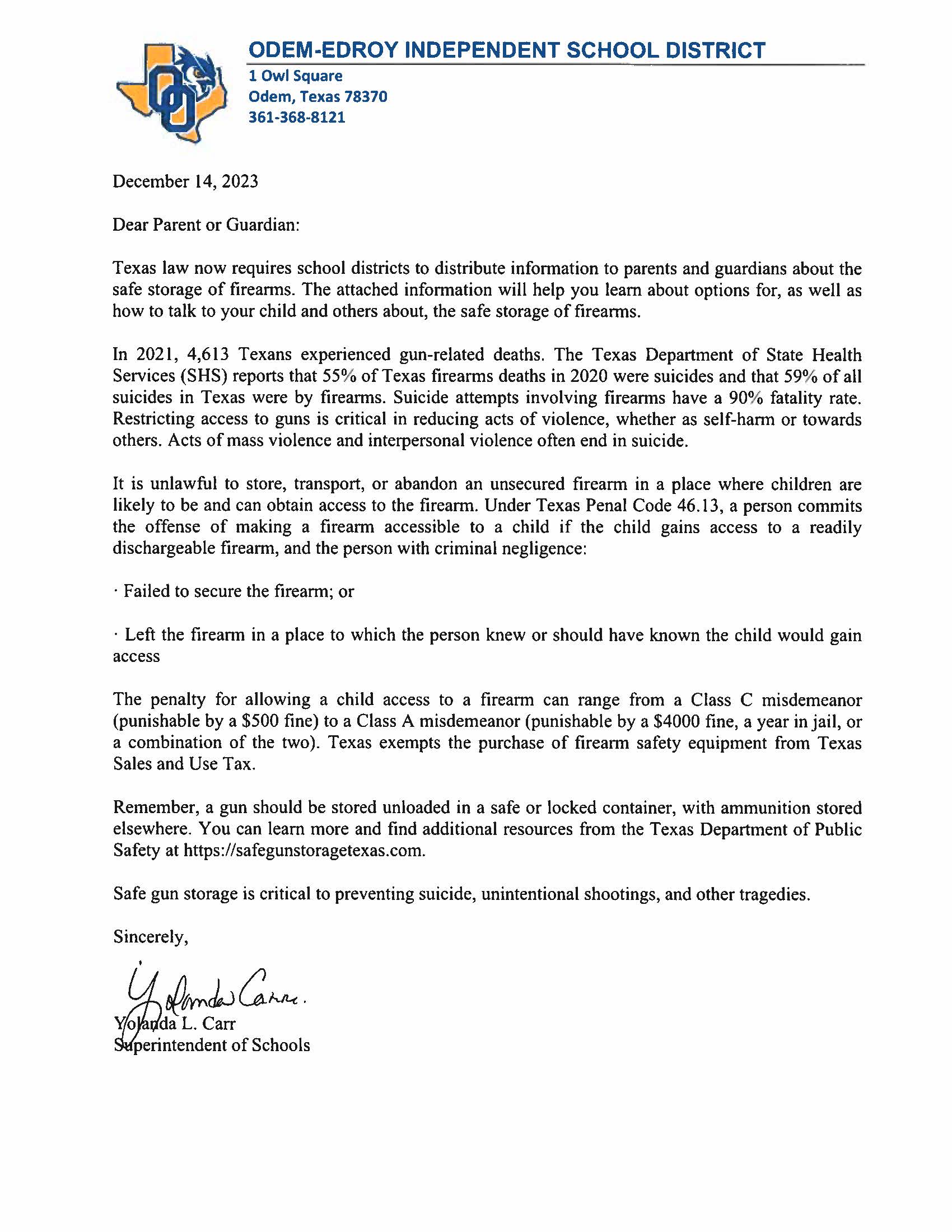Superintendent Safe Gun Storage Letter