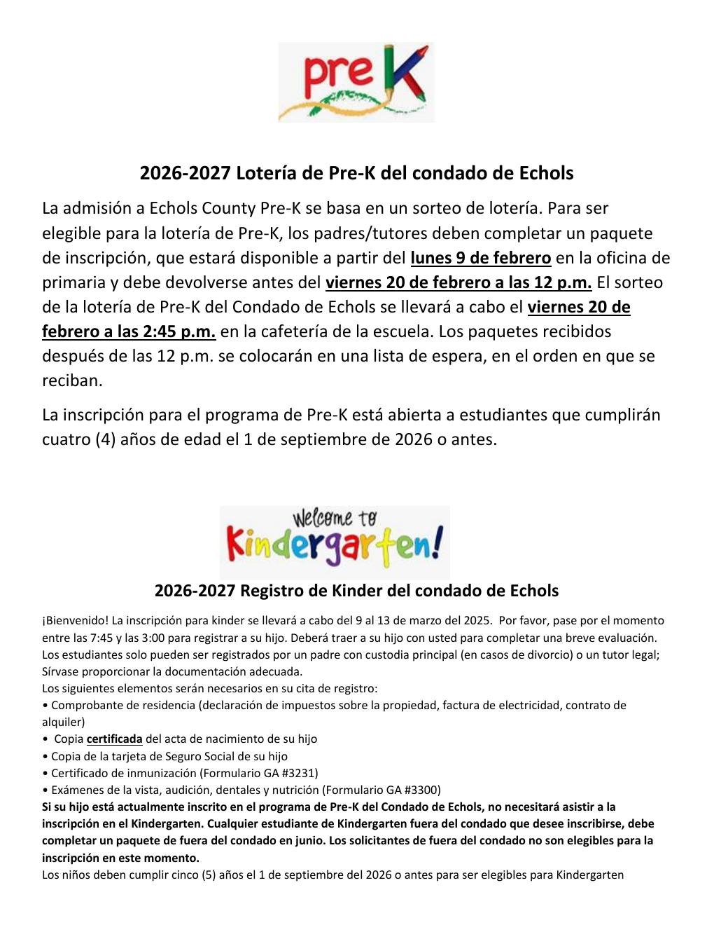 Pre-K Lottery and Kindergarten Registration Flyer in Spanish