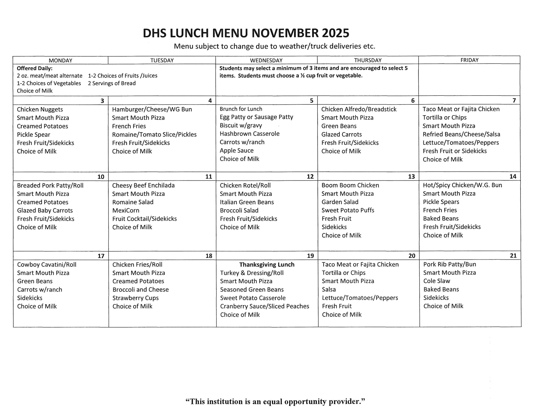 DHS Lunch Menu Page 1