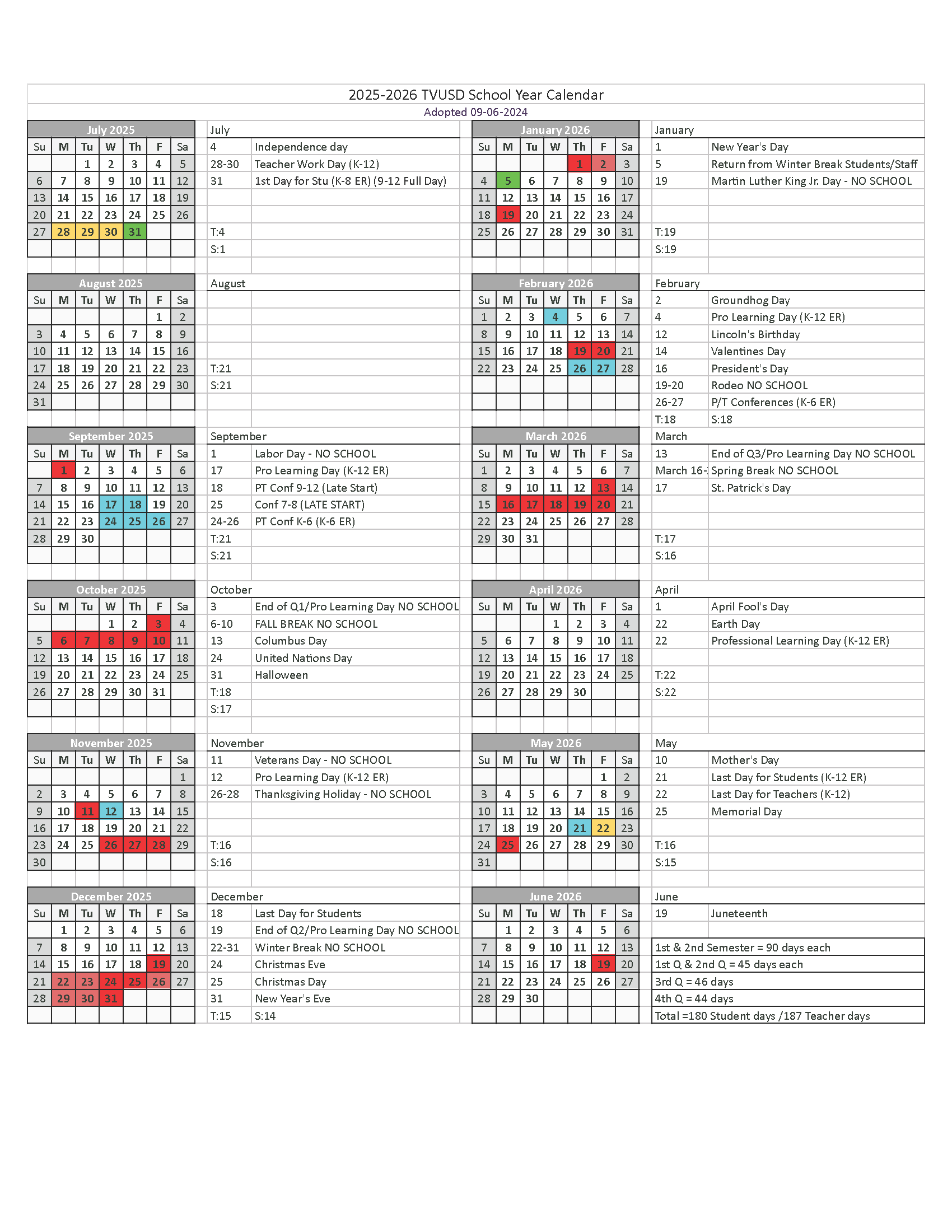 2025-26 TVUSD School Year Calendar