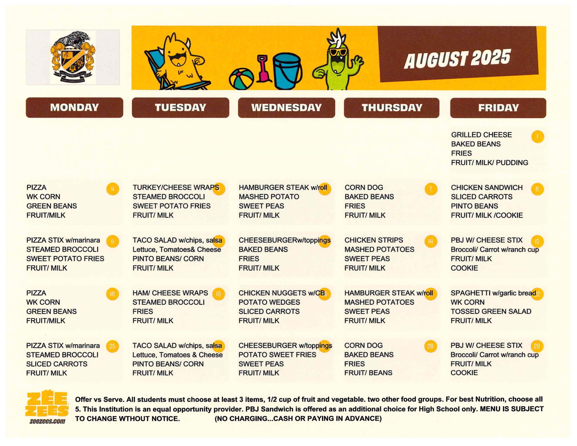 Lunch Menu August