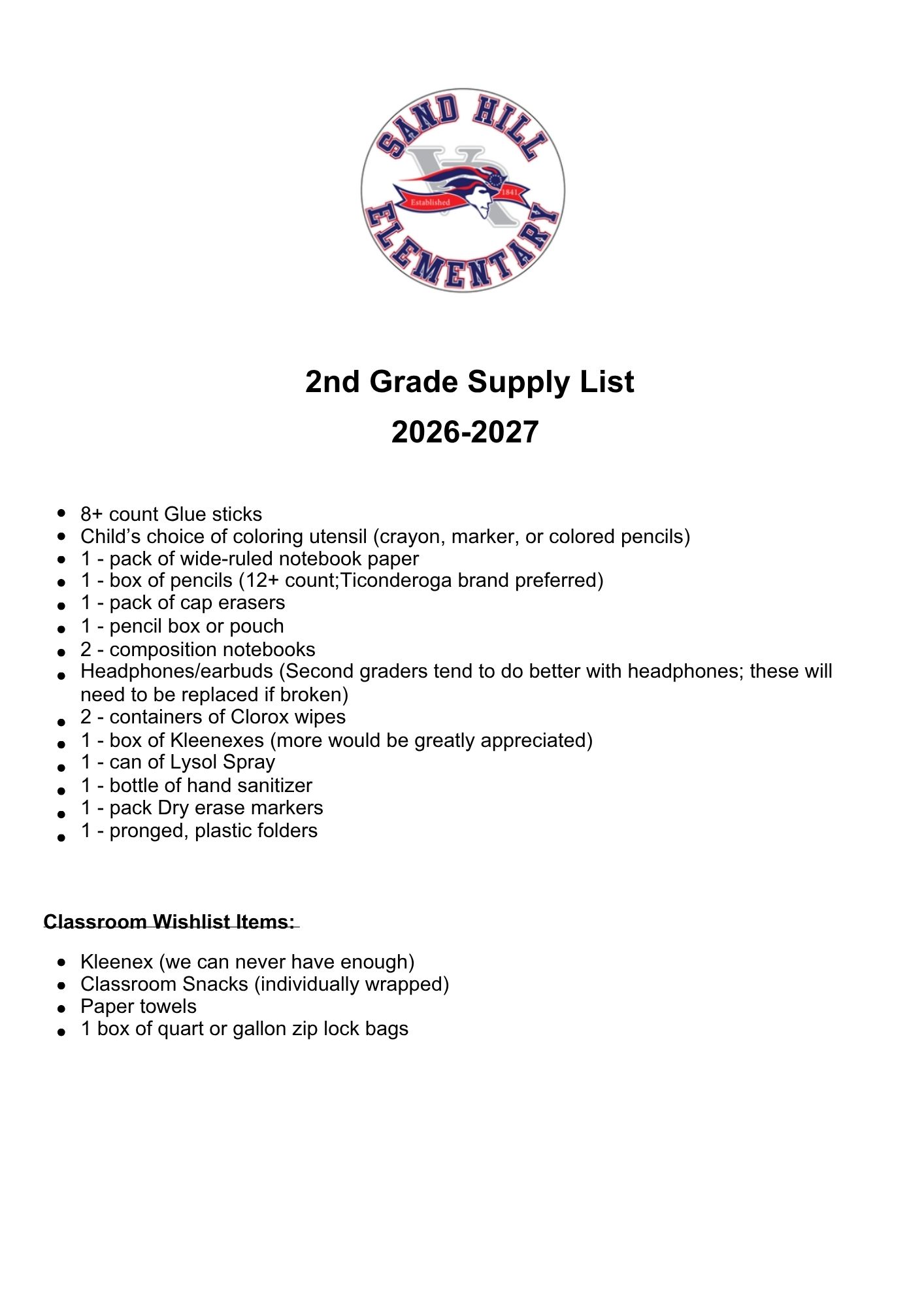 Second Grade Supply List 2026 - 2027