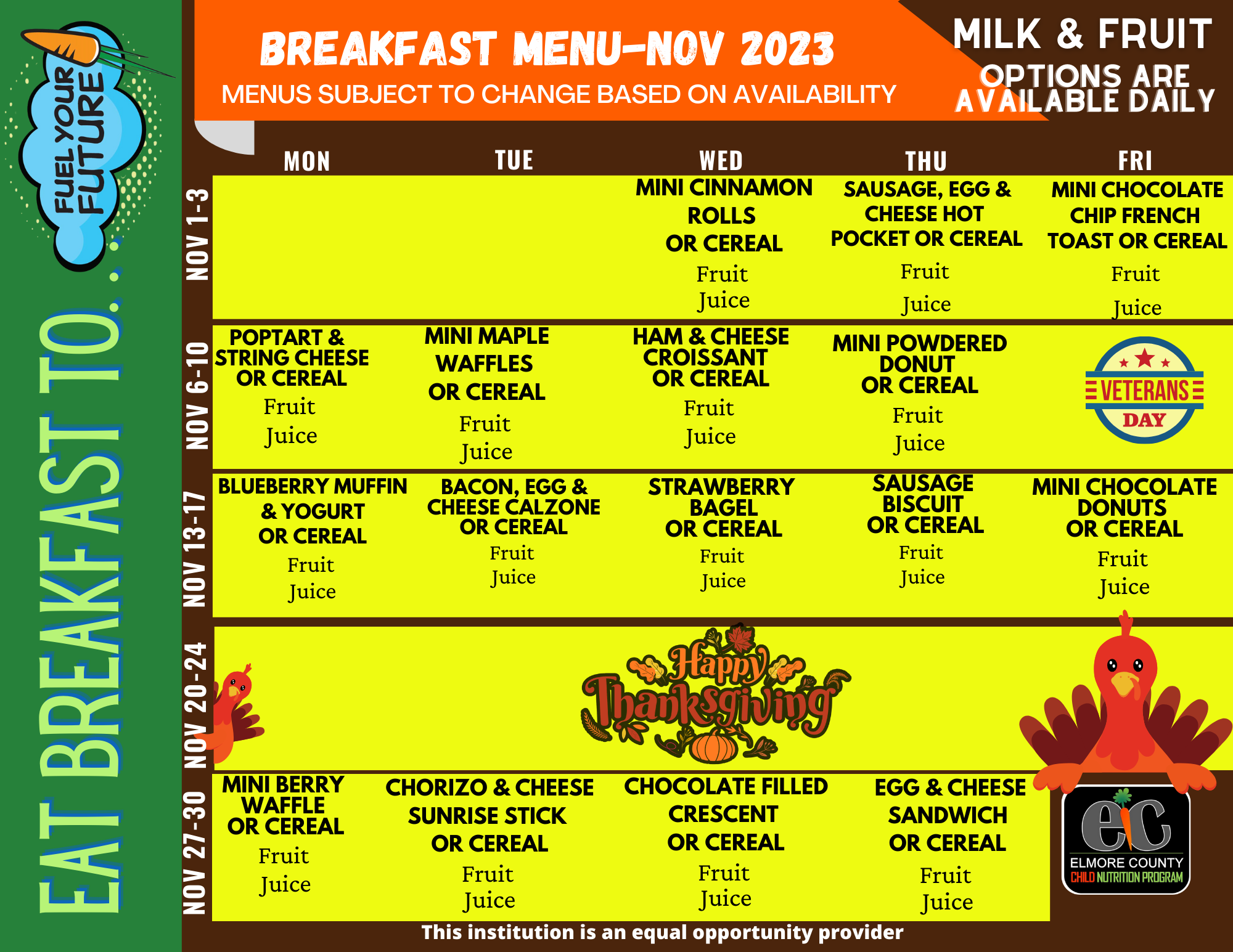 November 2023 Breakfast Menu