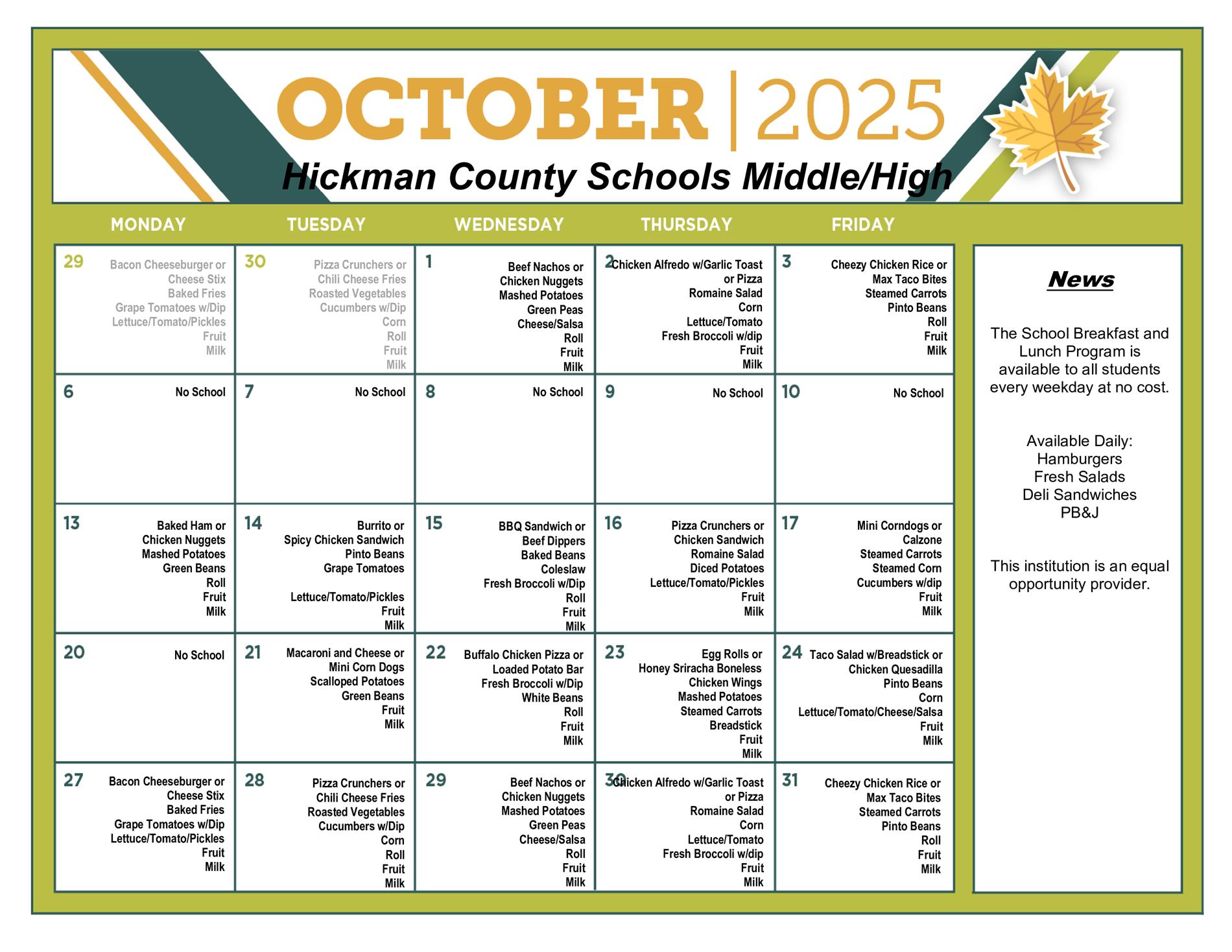October Lunch menus for Middle and High School 