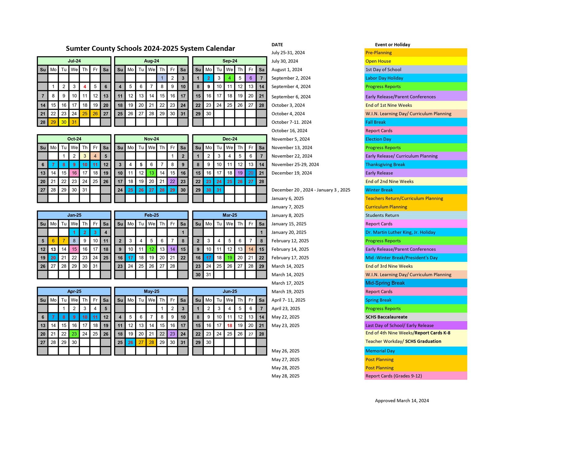 2024-2025 Color Coded System Calendar 