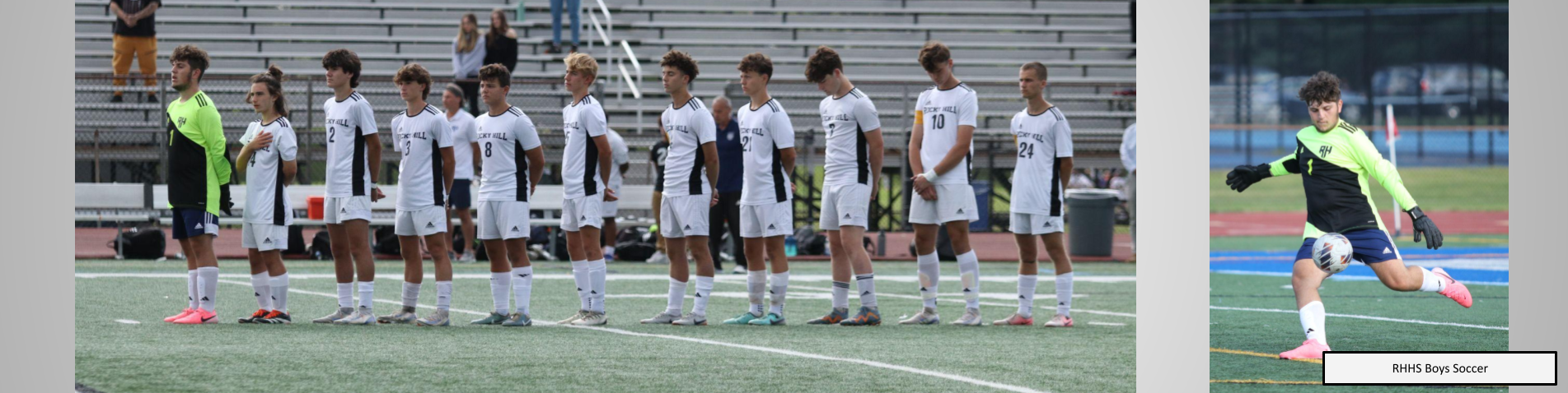 Boys soccer team before a game, and goalie punting