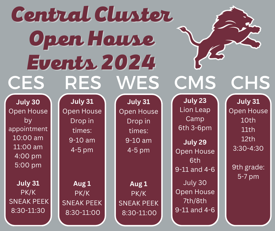 open house dates and times for the cluster schools