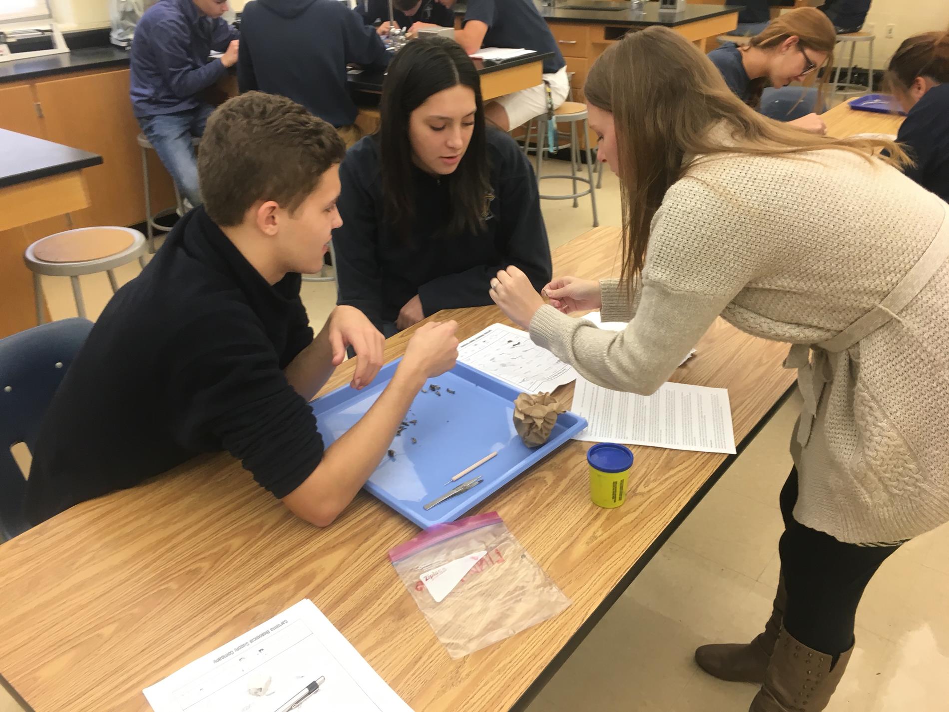 Teacher discussing lab activity with students in science class