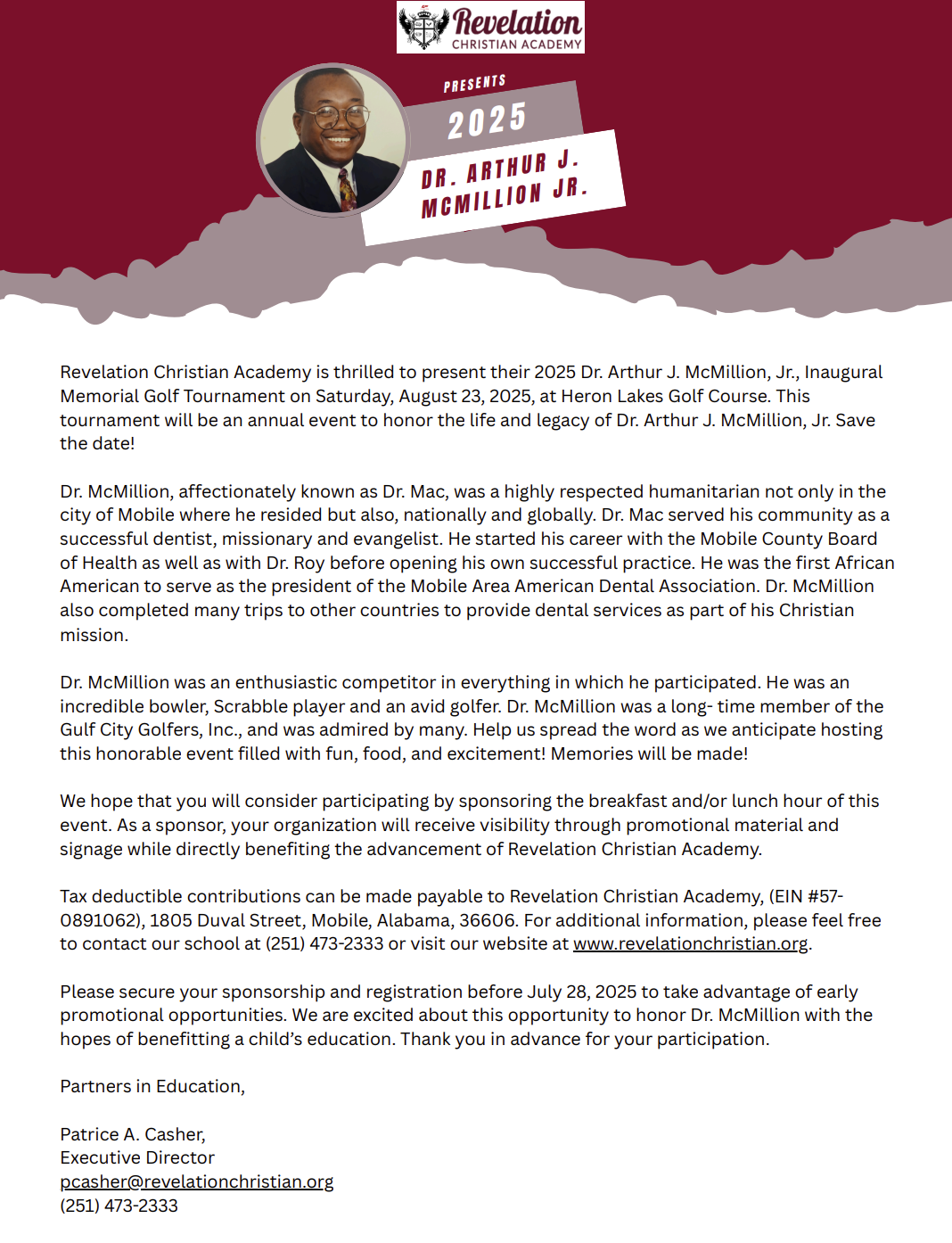 Letter regarding 2025 Memorial Golf Tournament