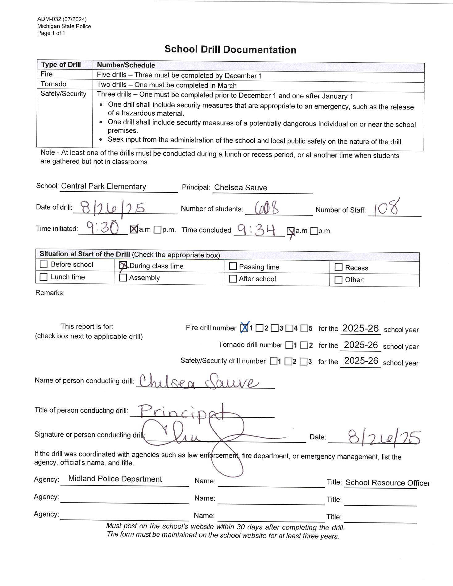 Form for Central Park's first fire drill of 2025-2026 Form for Central Park's first fire drill of 2025-2026