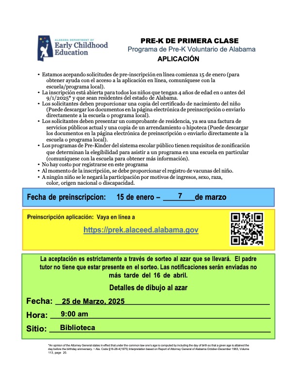 Pre kindergarten Registration Information in Spanish