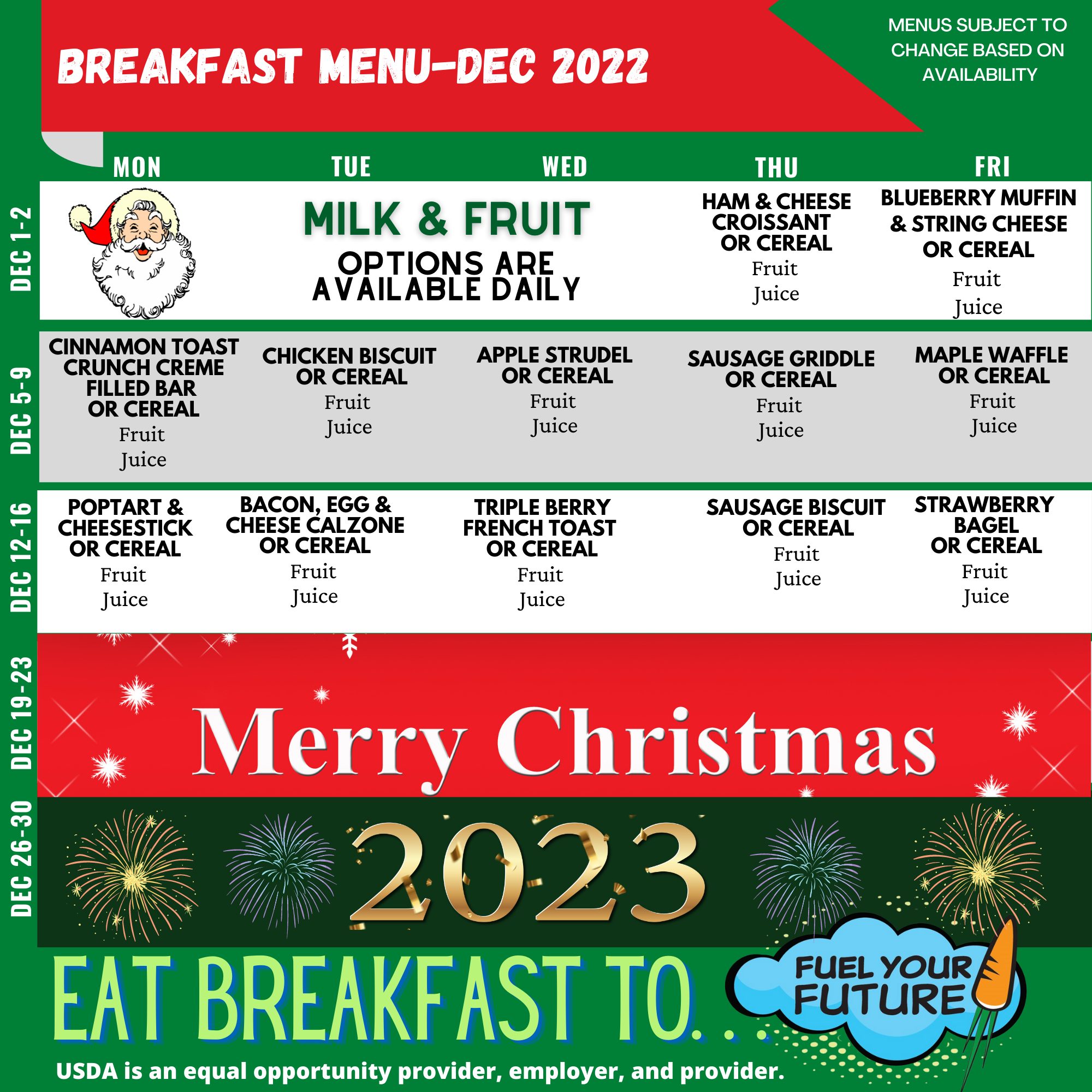 December 2022 breakfast menu