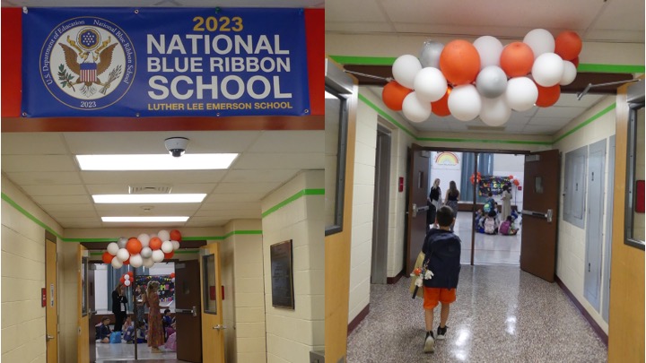 Blue ribbon banner and student walking down the hall