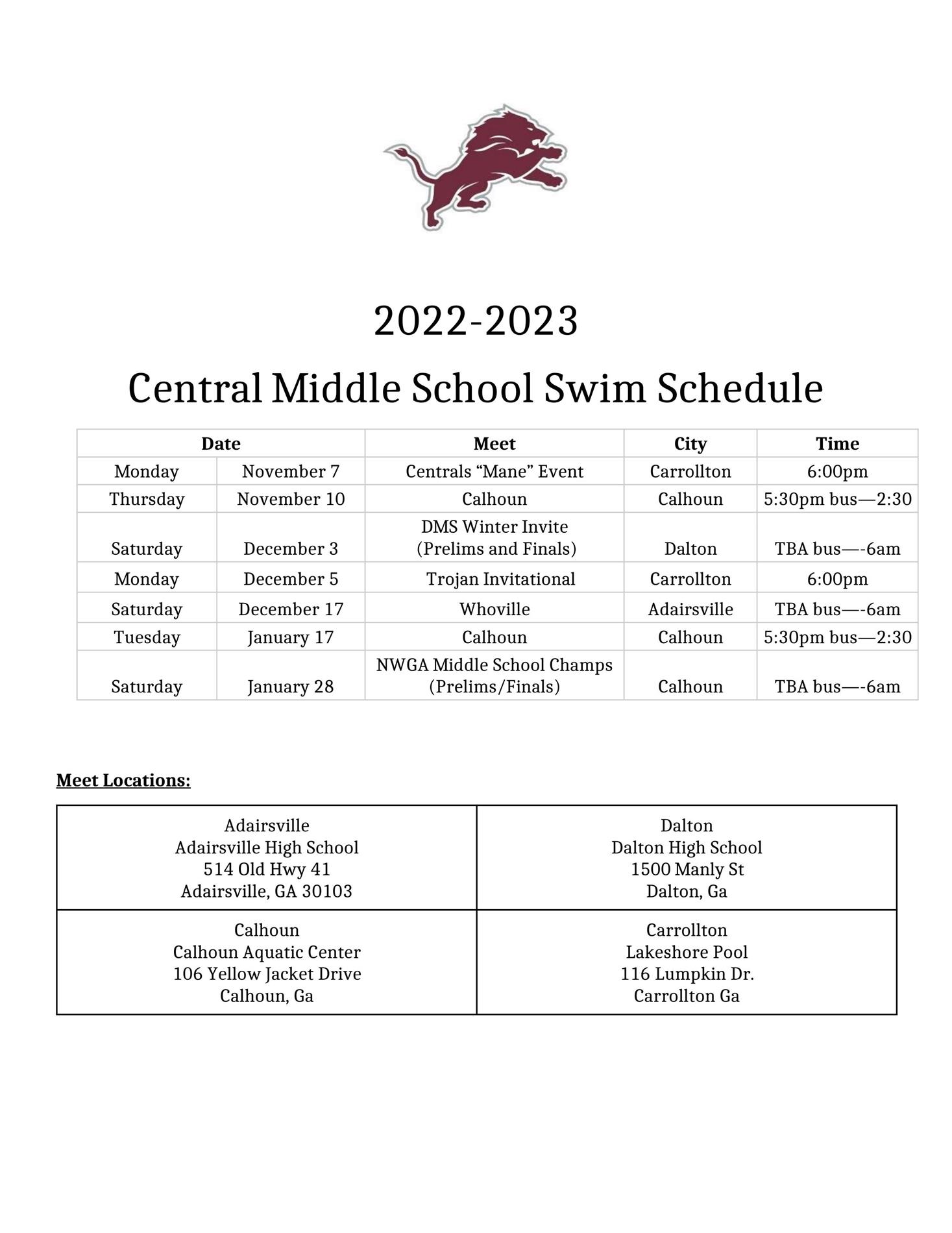 2022-23 Swim Schedule
