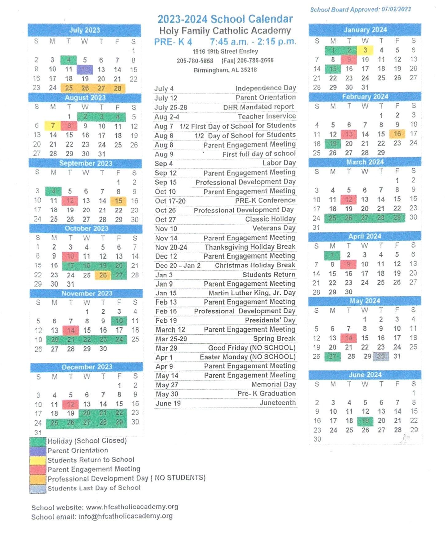 Pre School Calendar 2023-2024