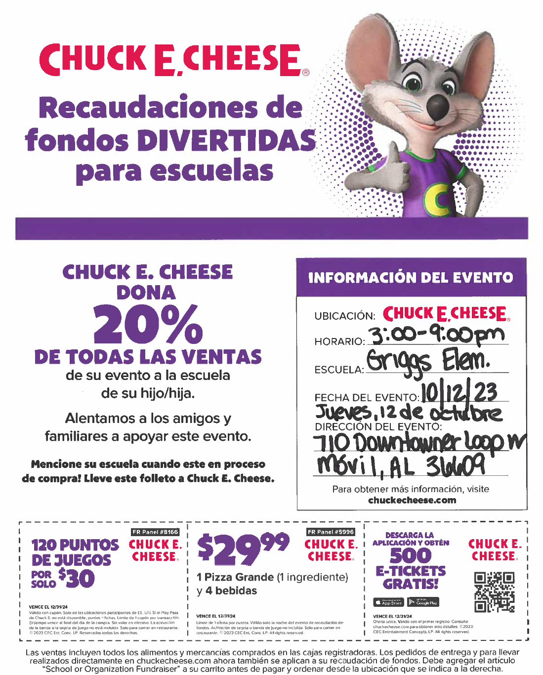 Chuck E. Cheese flyer in Spanish