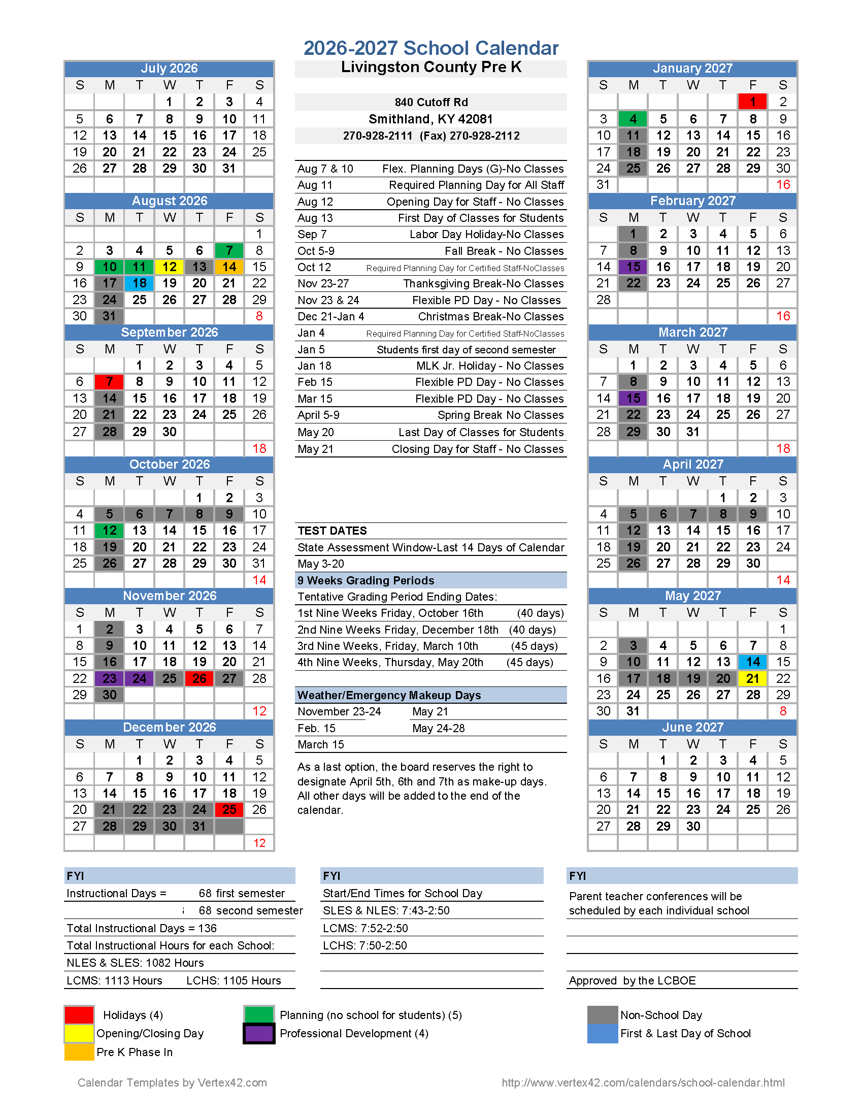 2025-2026 Preschool Calendar