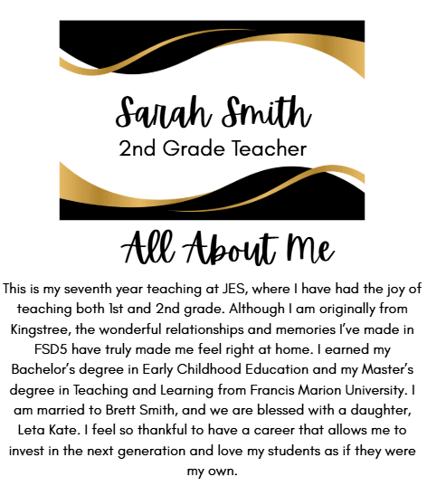 Sarah Smith 2nd Grade Teacher All About Me This is my seventh year teaching at JES, where I have had the joy of teaching both 1st and 2nd grade. Although I am originally from Kingstree, the wonderful relationships and memories I’ve made in FSD5 have truly made me feel right at home. I earned my Bachelor’s degree in Early Childhood Education and my Master’s degree in Teaching and Learning from Francis Marion University. I am married to Brett Smith, and we are blessed with a daughter, Leta Kate. I feel so thankful to have a career that allows me to invest in the next generation and love my students as if they were my own.