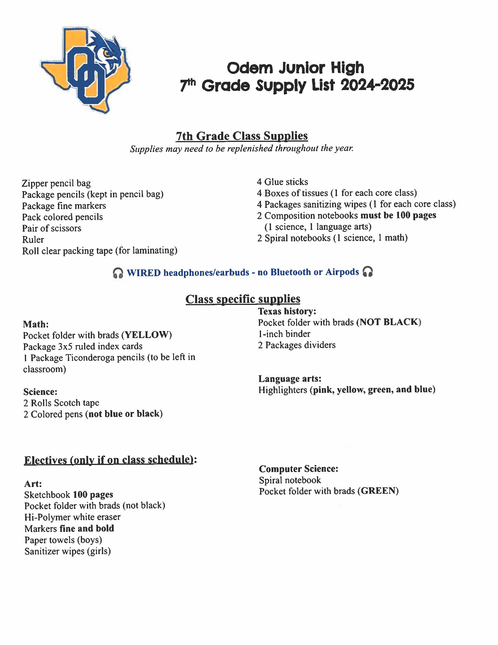 OJH 7th Grade School Supplies List