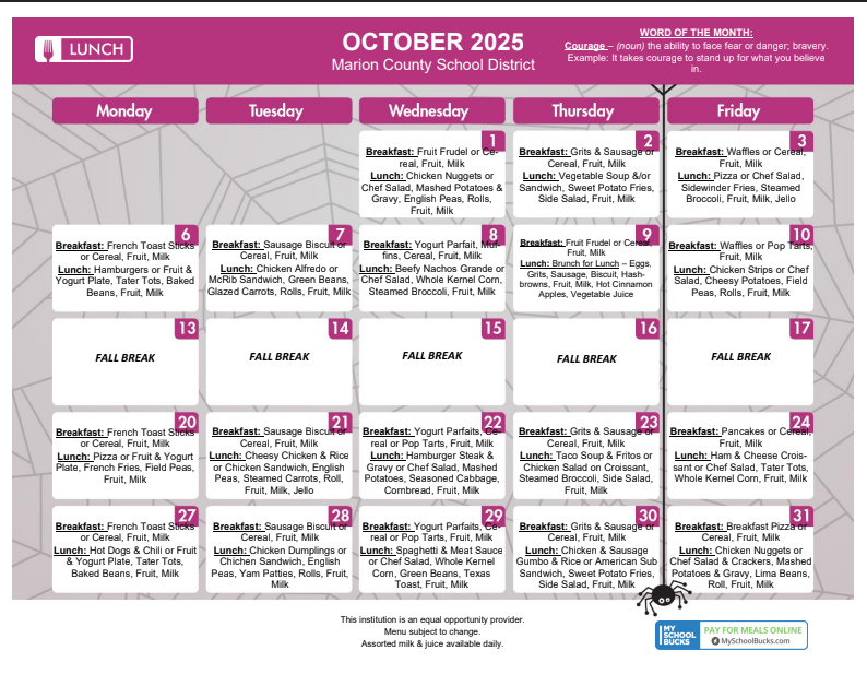 October Lunch menu