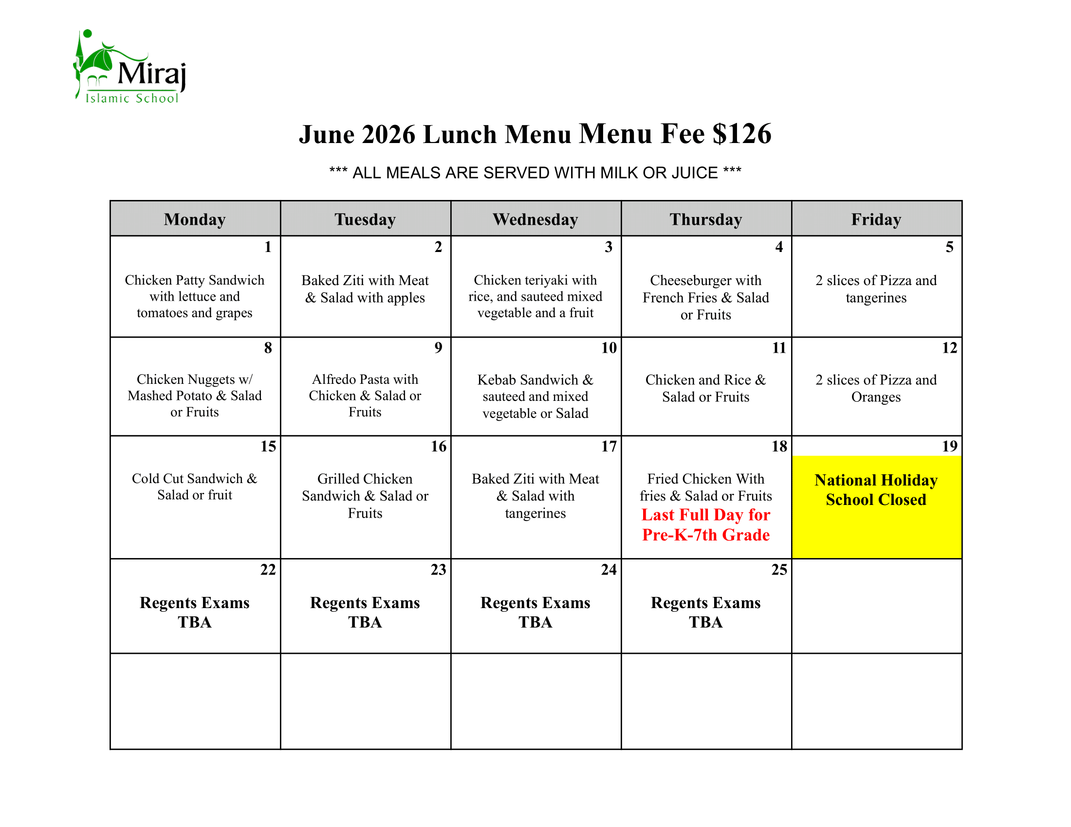 June Lunch Menu June Lunch Menu