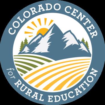 Colorado Center for Rural Education logo blue circle with white writing and cartoon of mountains, sun, trees, grass and corn