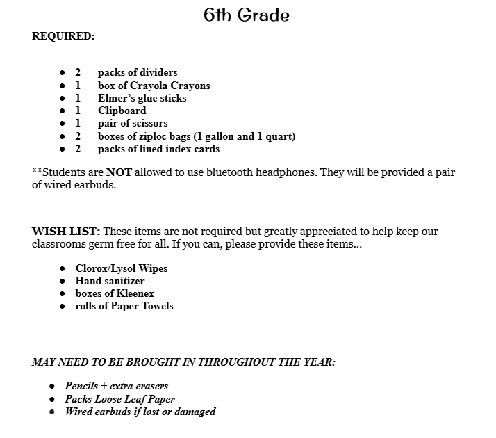 6th Grade Supply List 6th Grade Supply List