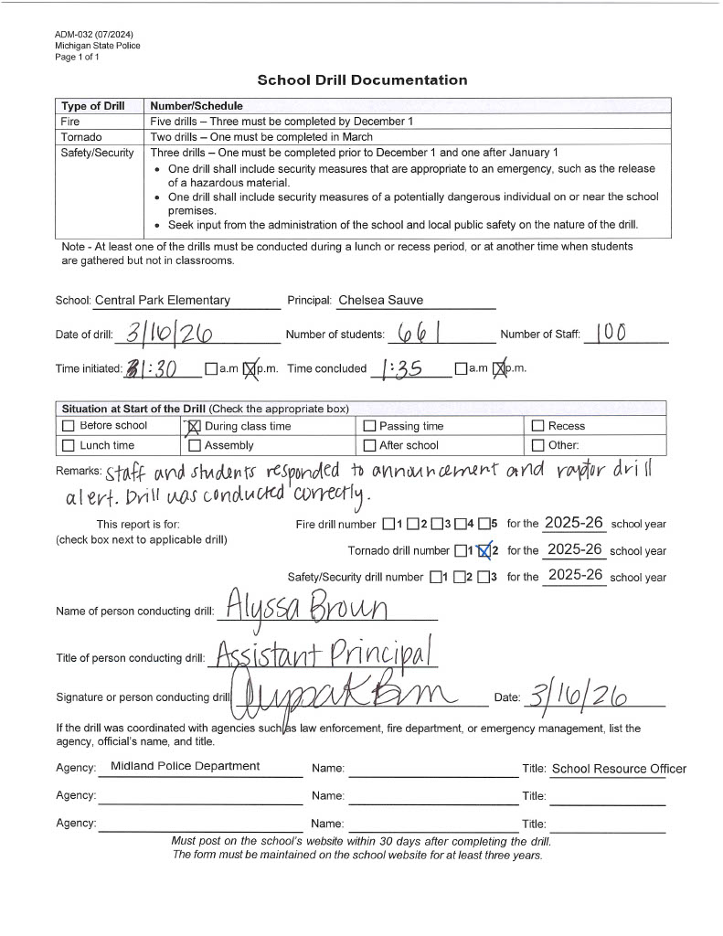 Form for Central Elementary's second tornado drill of 2025-2026