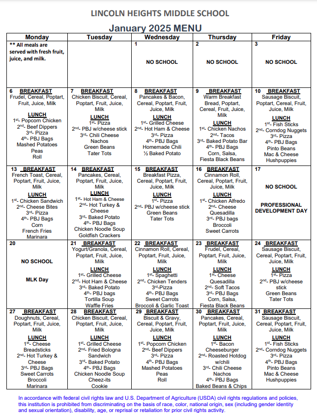 January 2025 Menu