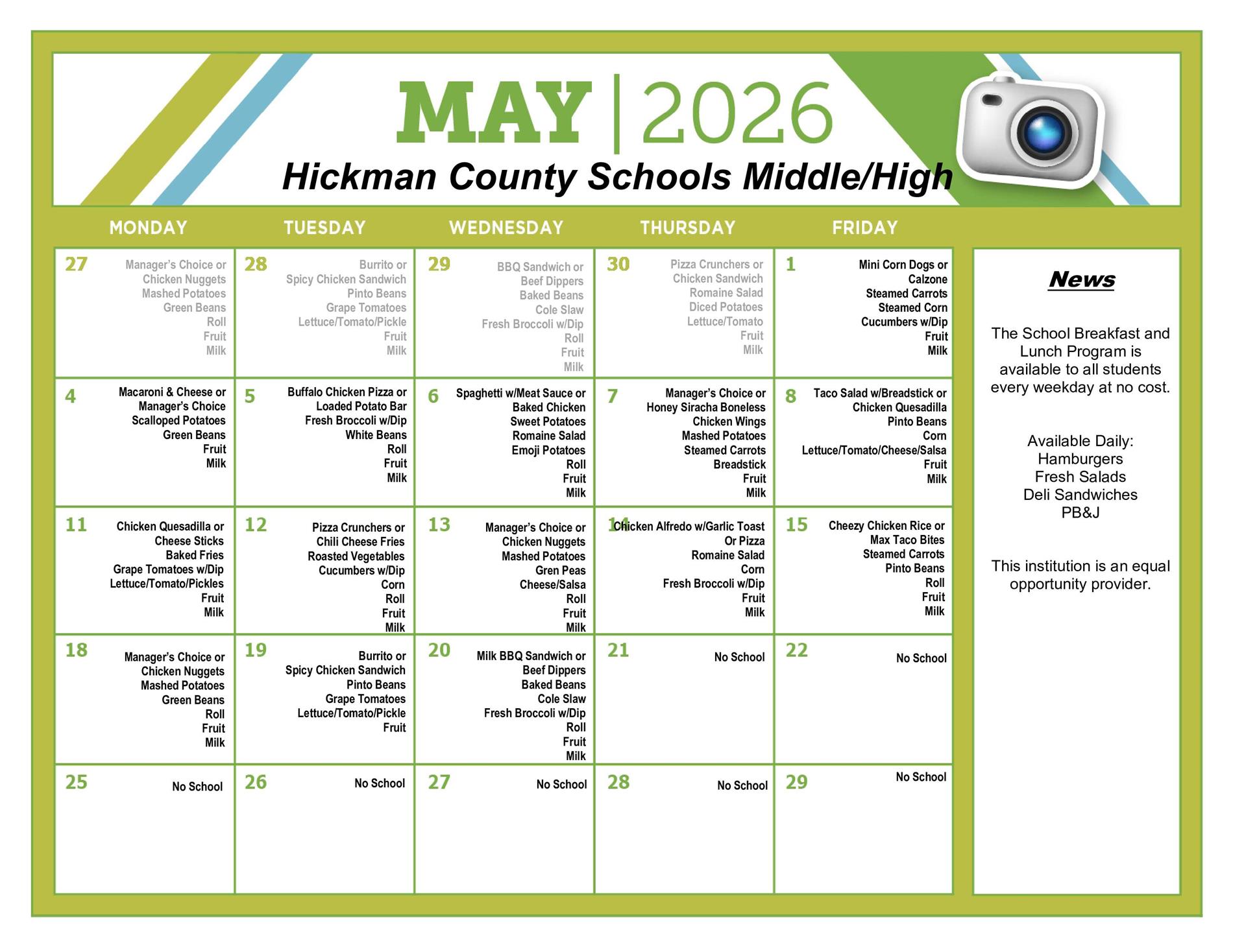 Lunch menus for the middle and high schools