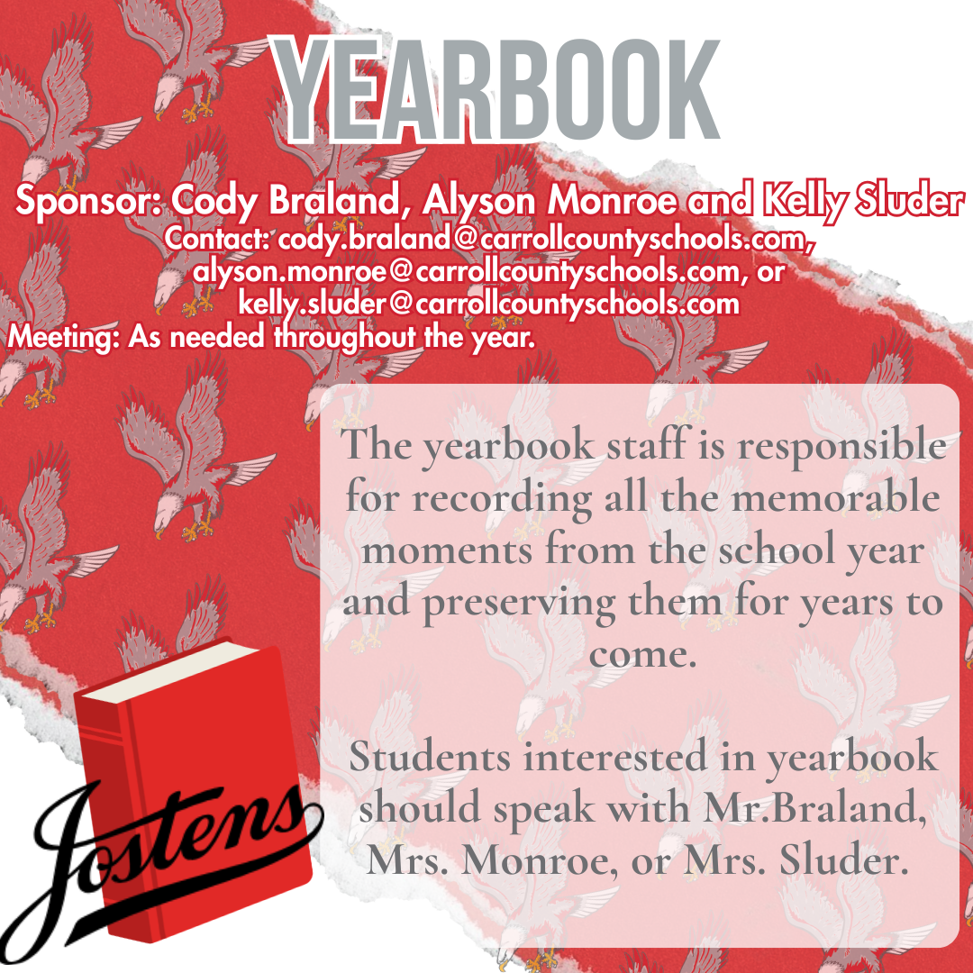 Yearbook club; This image is for the Jostens yearbook program at Mount Zion Middle School in Carroll County, Georgia.Sponsors: Cody Braland, Alyson Monroe, and Kelly Sluder.Contact: Reach out to the sponsors via their school email addresses listed on the flyer.Purpose: The staff records school memories and preserves them for future years.