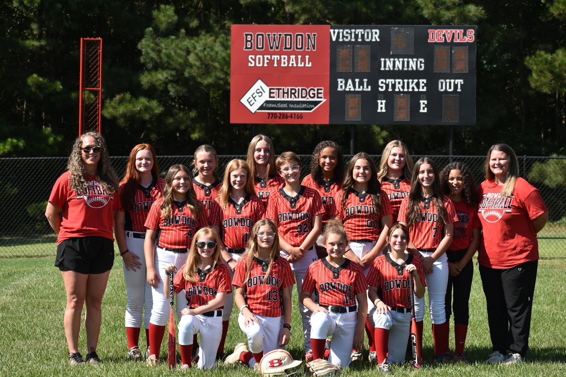BMS 2026 Softball Team Photo with Coaches on the Field